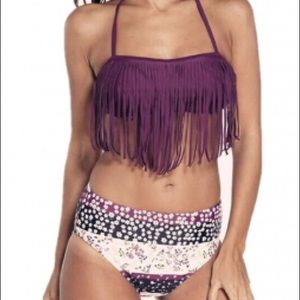Dark Purple Halter Fringed Printed Bikini Swimsuit